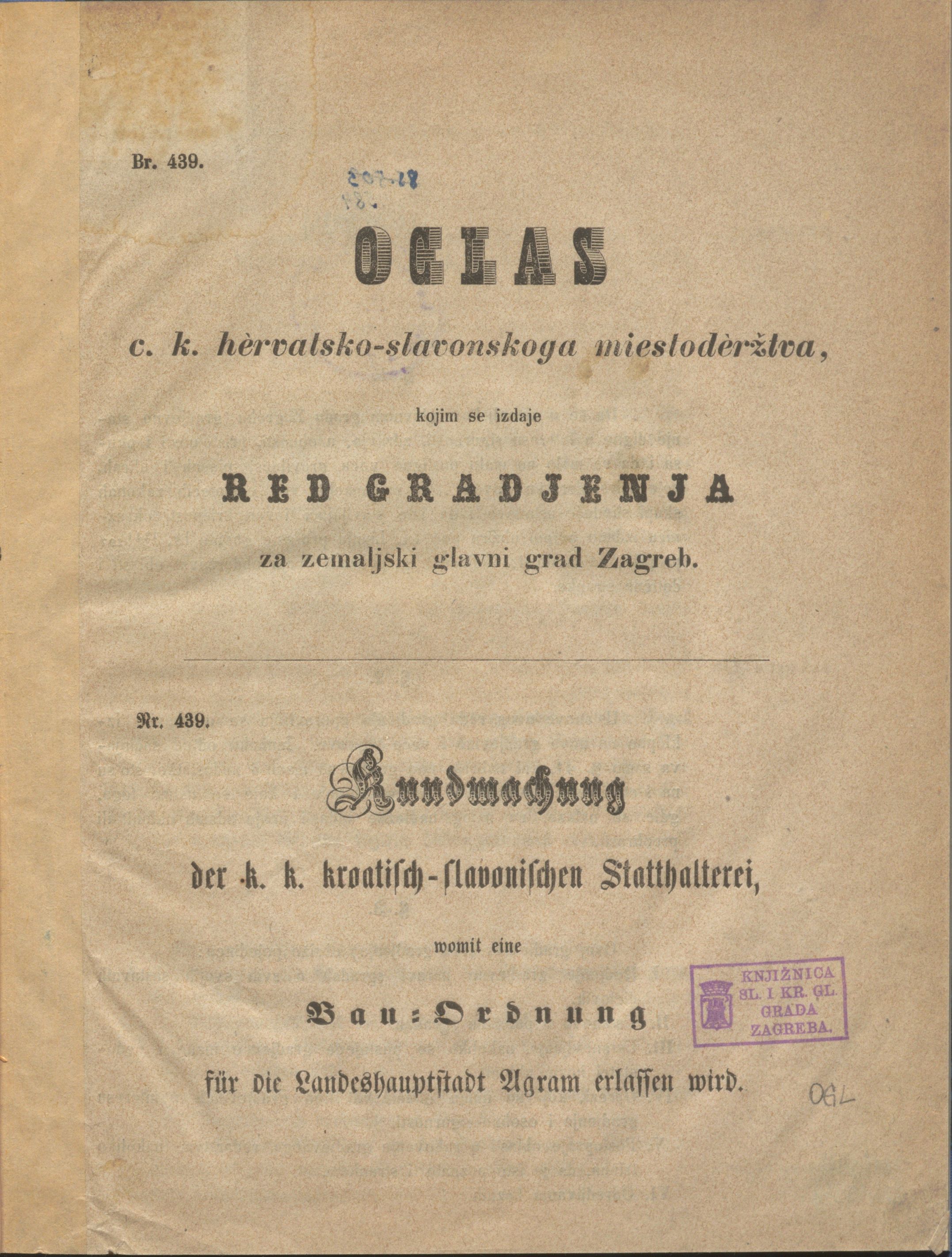 Oglas c. k. hervatsko-slavonskoga miestoderžzva kojim se izdaje red gradjenja za zemaljski glavni grad Zagreb, br. 439