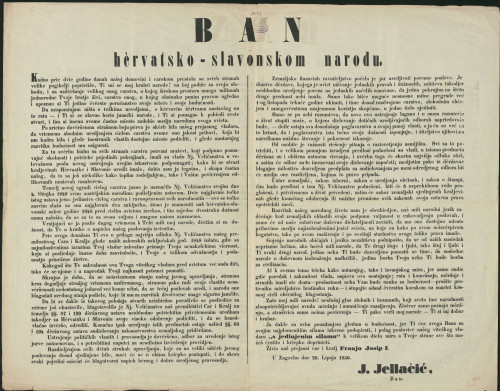 Ban hervatsko - slavonskom narodu / U Zagrebu dne 26. lipnja 1850. J. Jellačić, ban
