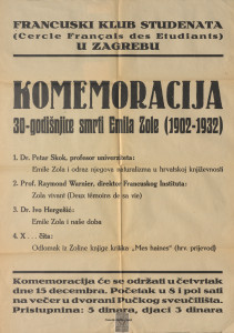 Komemoracija 30-godišnjice smrti Emila Zole (1902-1932) / Francuski klub studenata (Cercle Français des Etudiants) u Zagrebu