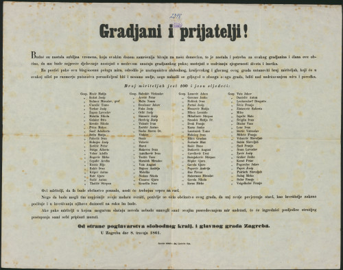 Gradjani i prijatelji! / od strane poglavarstva slobodnog kralj. i glavnog grada Zagreba. U Zagrebu dne 8. travnja 1861.